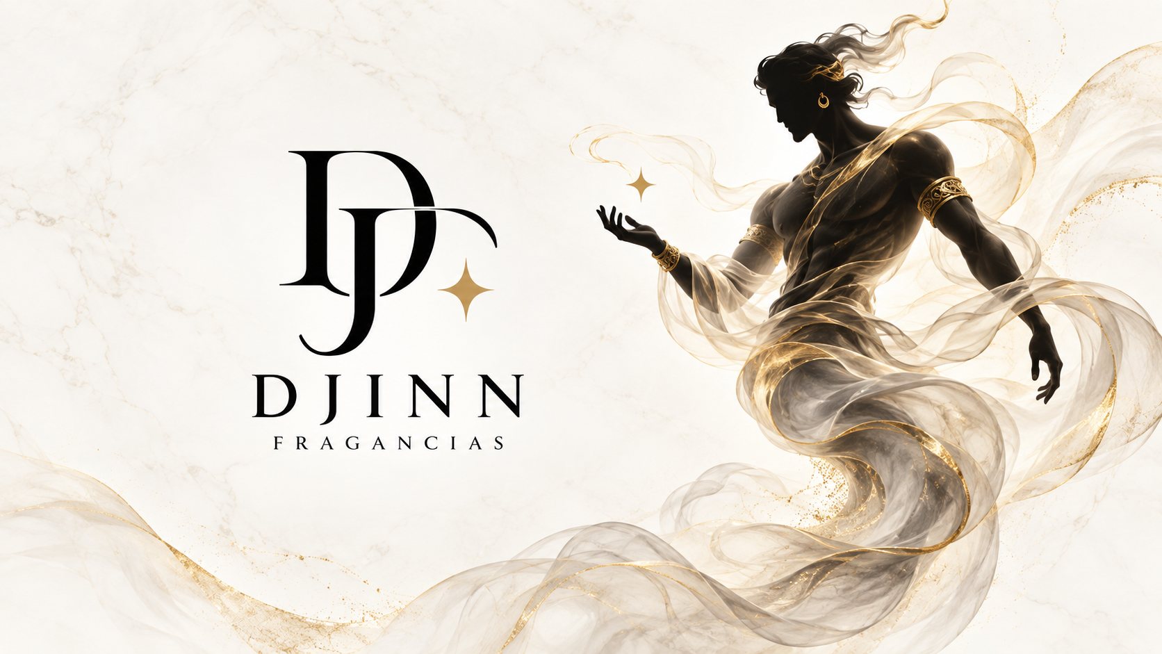 Djinn Fragancias: un genio de humo y oro ofreciendo una fragancia